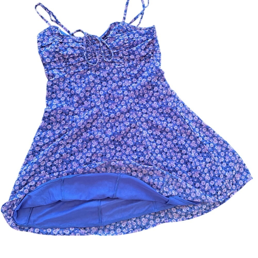 Aeropostale Blue and Pink Floral Sweetheart Cinched-Tie Mini Dress Womens S‎
